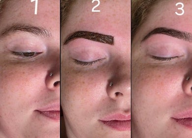 Brow transformation steps at Beauty Home Spa, Saskatoon, Saskatchewan, CA, showcasing eyebrow tinting process.