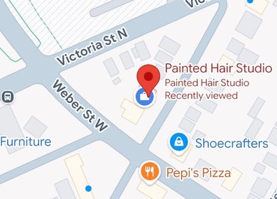 Map of Painted Hair Studio location at Kitchener, Ontario, CA with nearby streets highlighted.