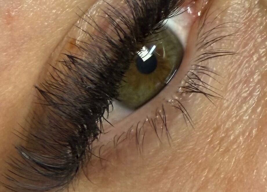 Close-up of styled eyelash extensions at FNBC Salon, Leicester, England, GB.