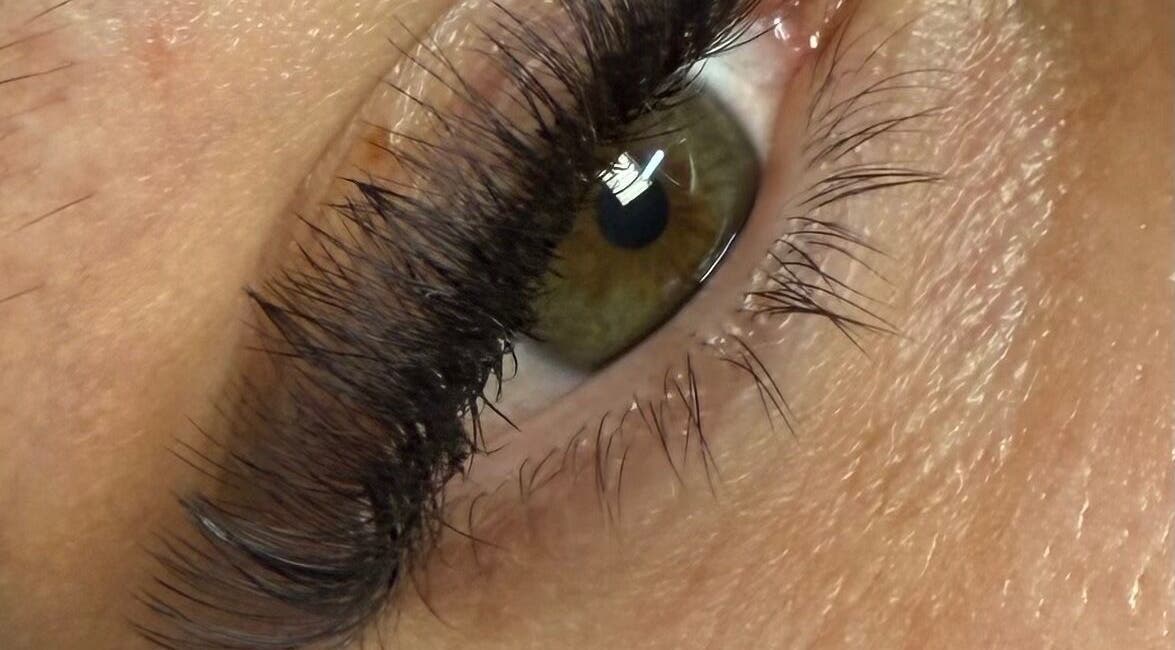 Close-up of styled eyelash extensions at FNBC Salon, Leicester, England, GB.