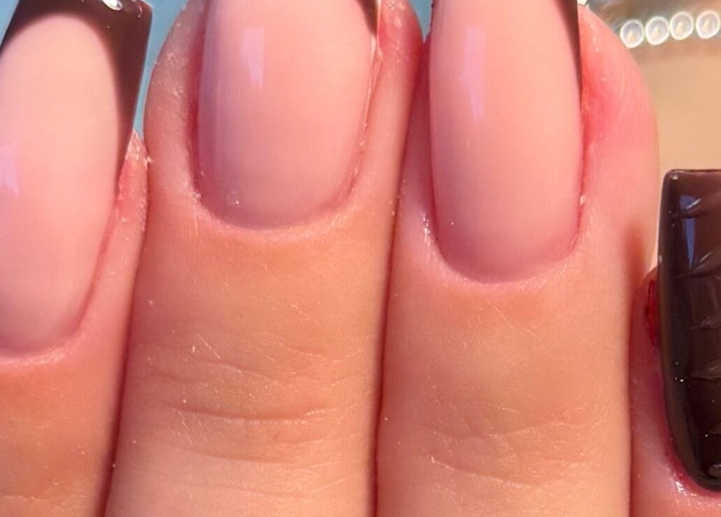 Chic brown and nude nail art at FNBC Salon, Leicester, England, GB.