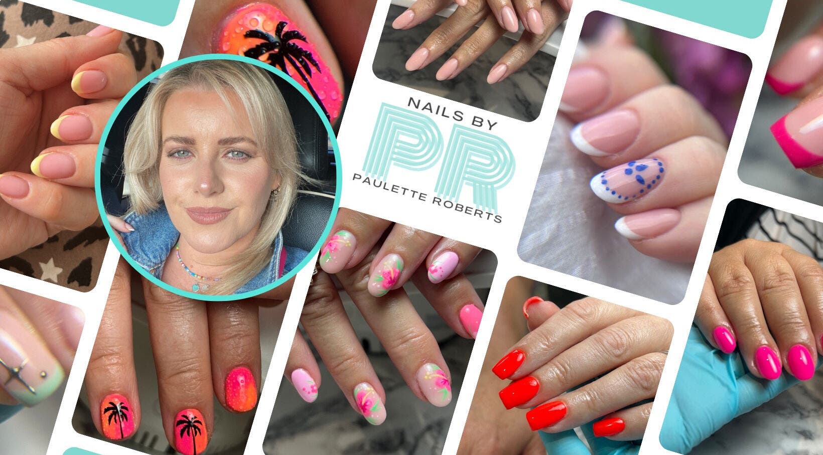 Collage of creative nail designs at Nails by Paulette, Liverpool, England, GB showcasing vibrant styles.