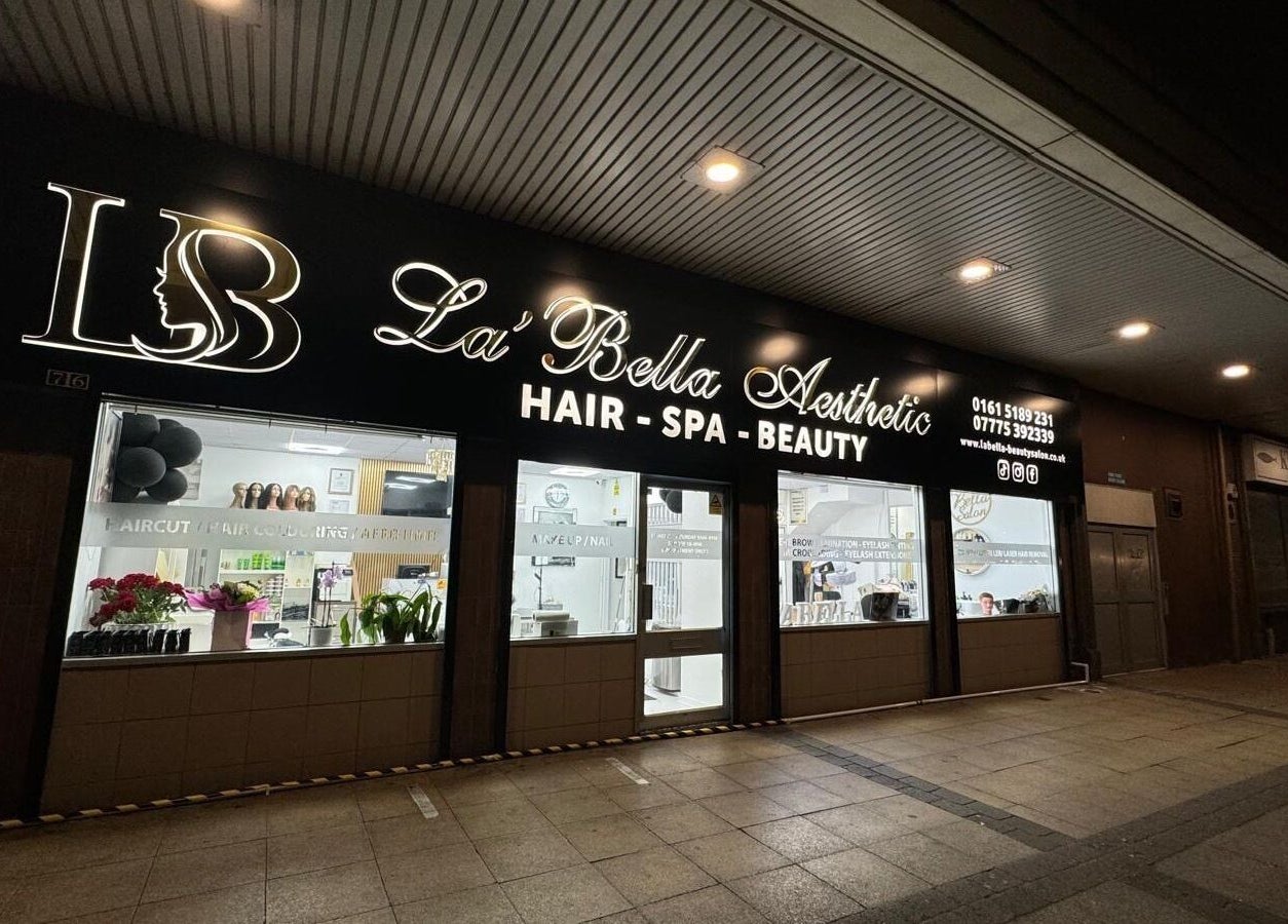 La Bella Aesthetic Clinic exterior in Salford, England, showcasing hair, spa, and beauty services.