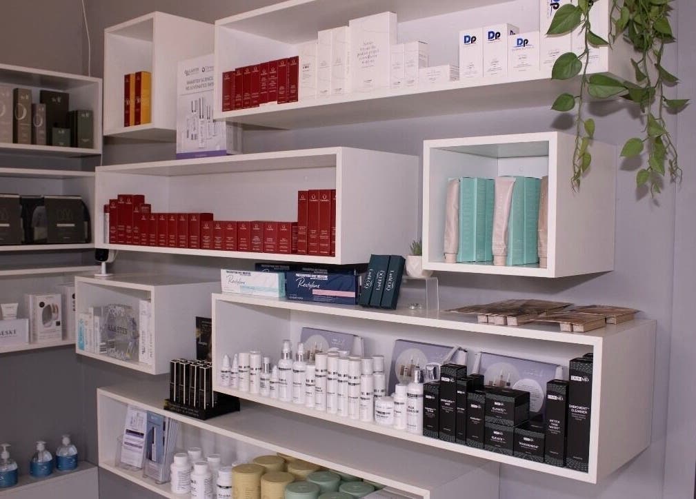 Diverse skincare products on shelves at Aesthetics and Co., Melbourne, Victoria, AU.