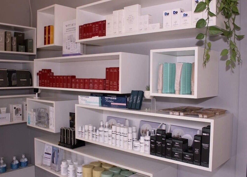 Diverse skincare products on shelves at Aesthetics and Co., Melbourne, Victoria, AU.