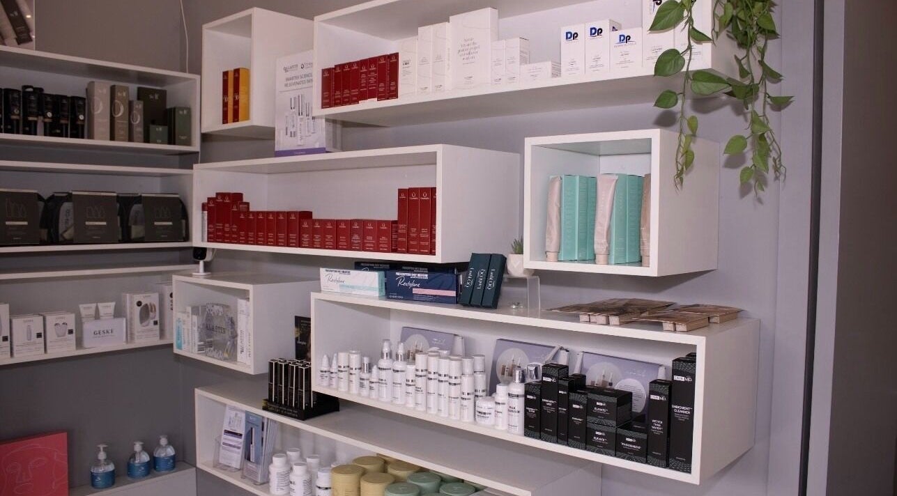 Diverse skincare products on shelves at Aesthetics and Co., Melbourne, Victoria, AU.