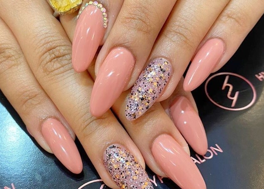 Elegant pink manicure with glitter at Hype Ladies Salon - Al Nahda Branch, Al Nahda, Dubai, AE.
