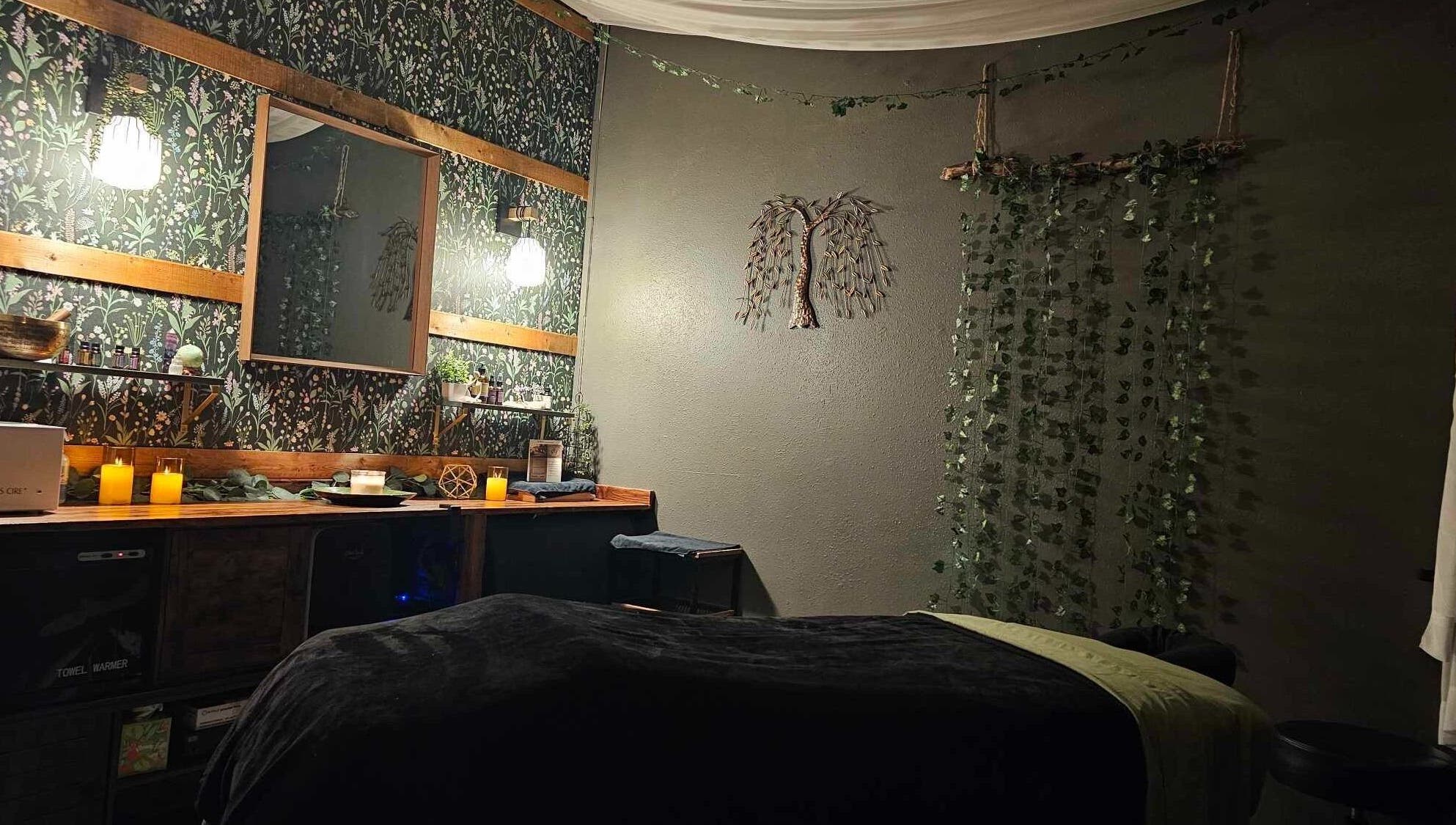 Relaxing therapy room at Haven Mind Body Collective, Longview, Washington, US, adorned with calming decor.