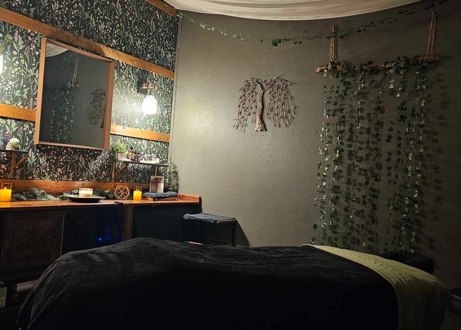 Relaxing therapy room at Haven Mind Body Collective, Longview, Washington, US, adorned with calming decor.