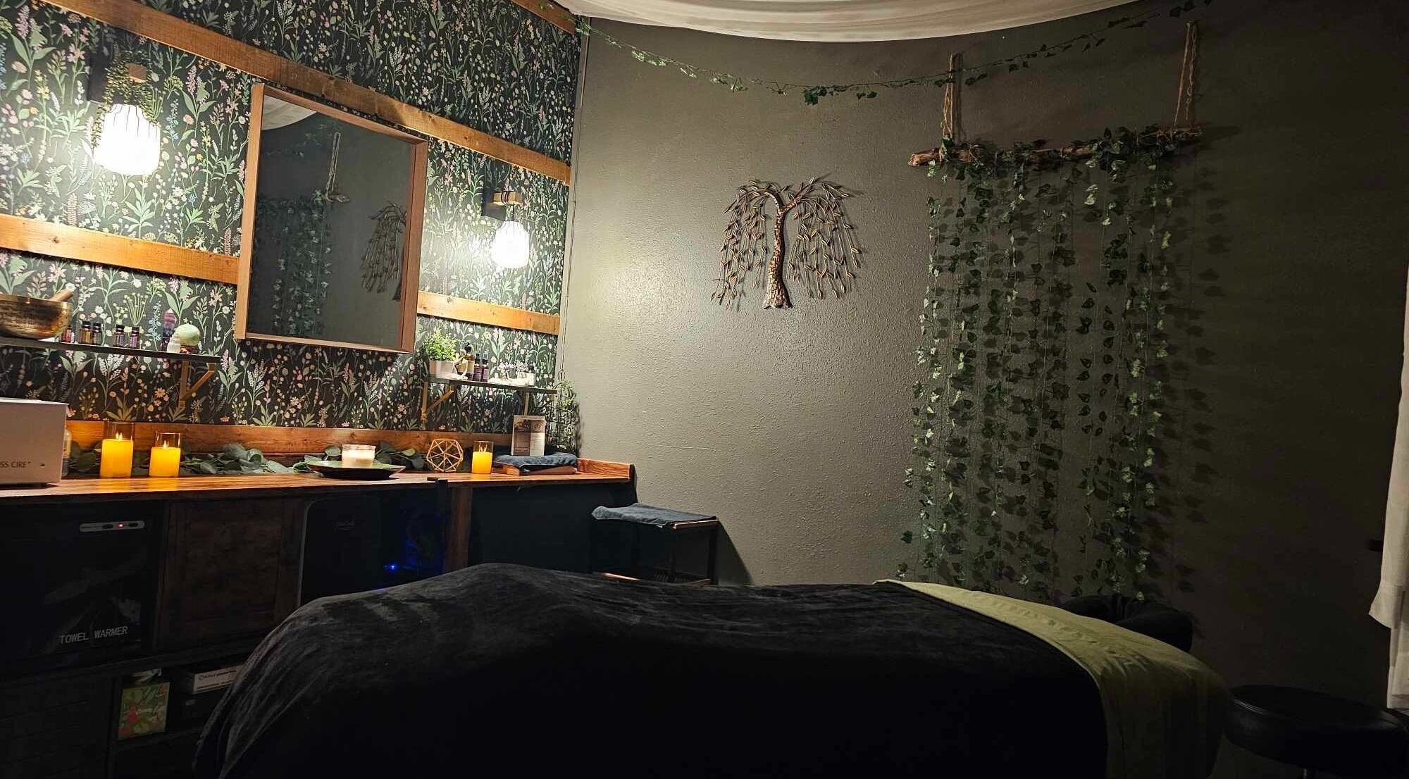 Relaxing therapy room at Haven Mind Body Collective, Longview, Washington, US, adorned with calming decor.