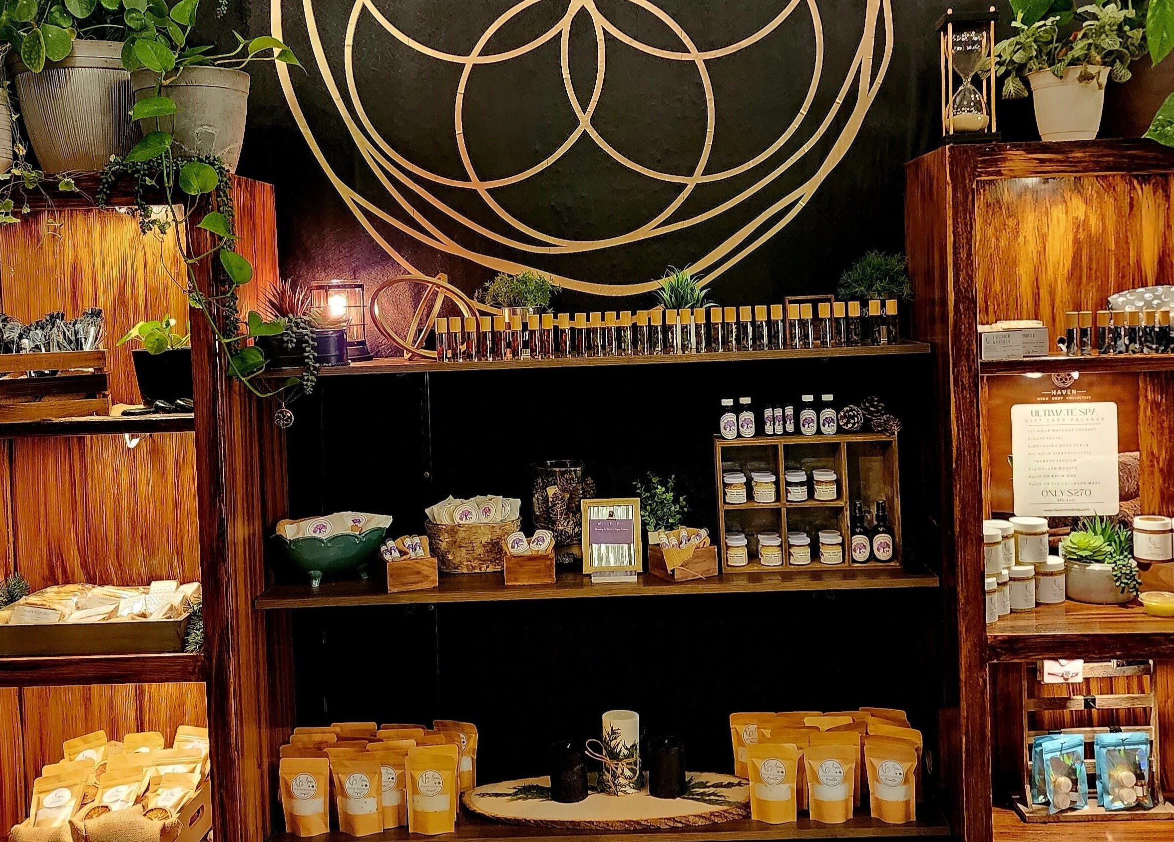 Display of wellness products at Haven Mind Body Collective & Haven Counseling in Longview, Washington, US.