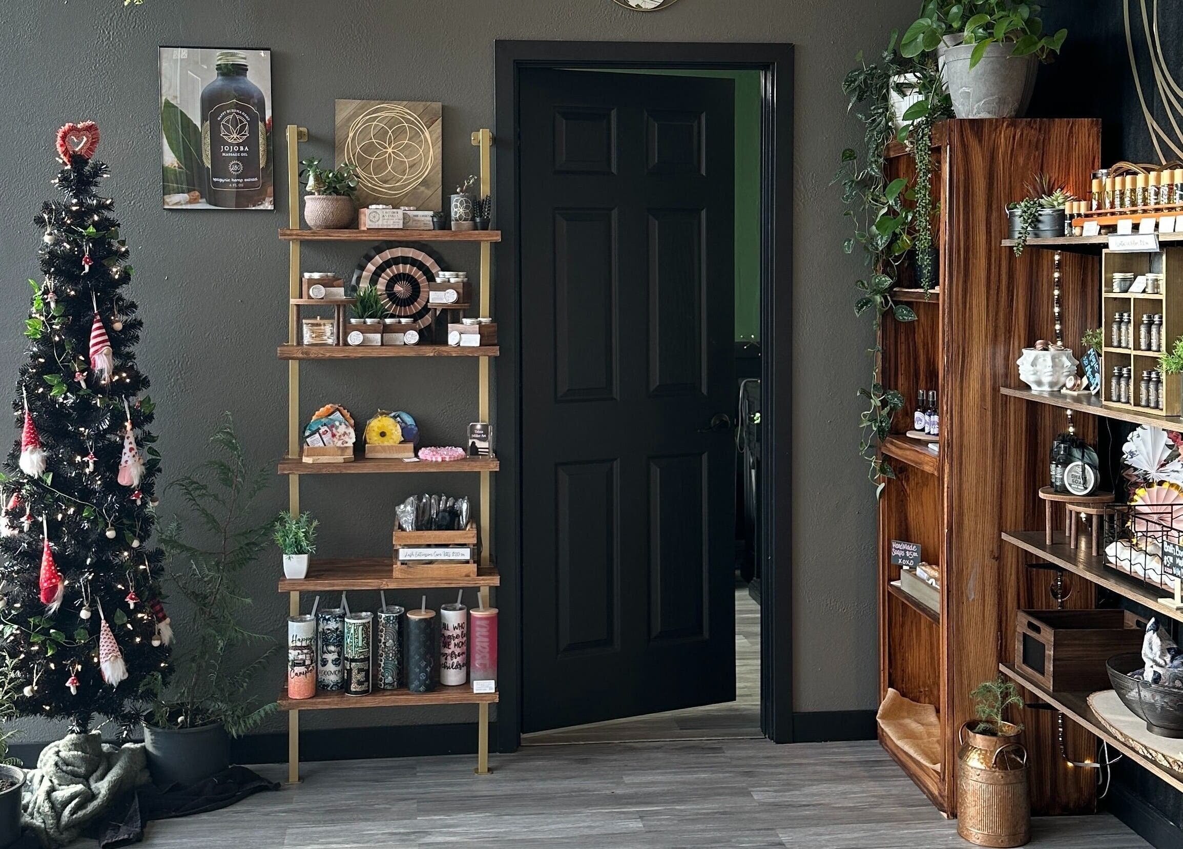 Decorative shelves and a festive tree at Haven Mind Body Collective, Longview, Washington, US.