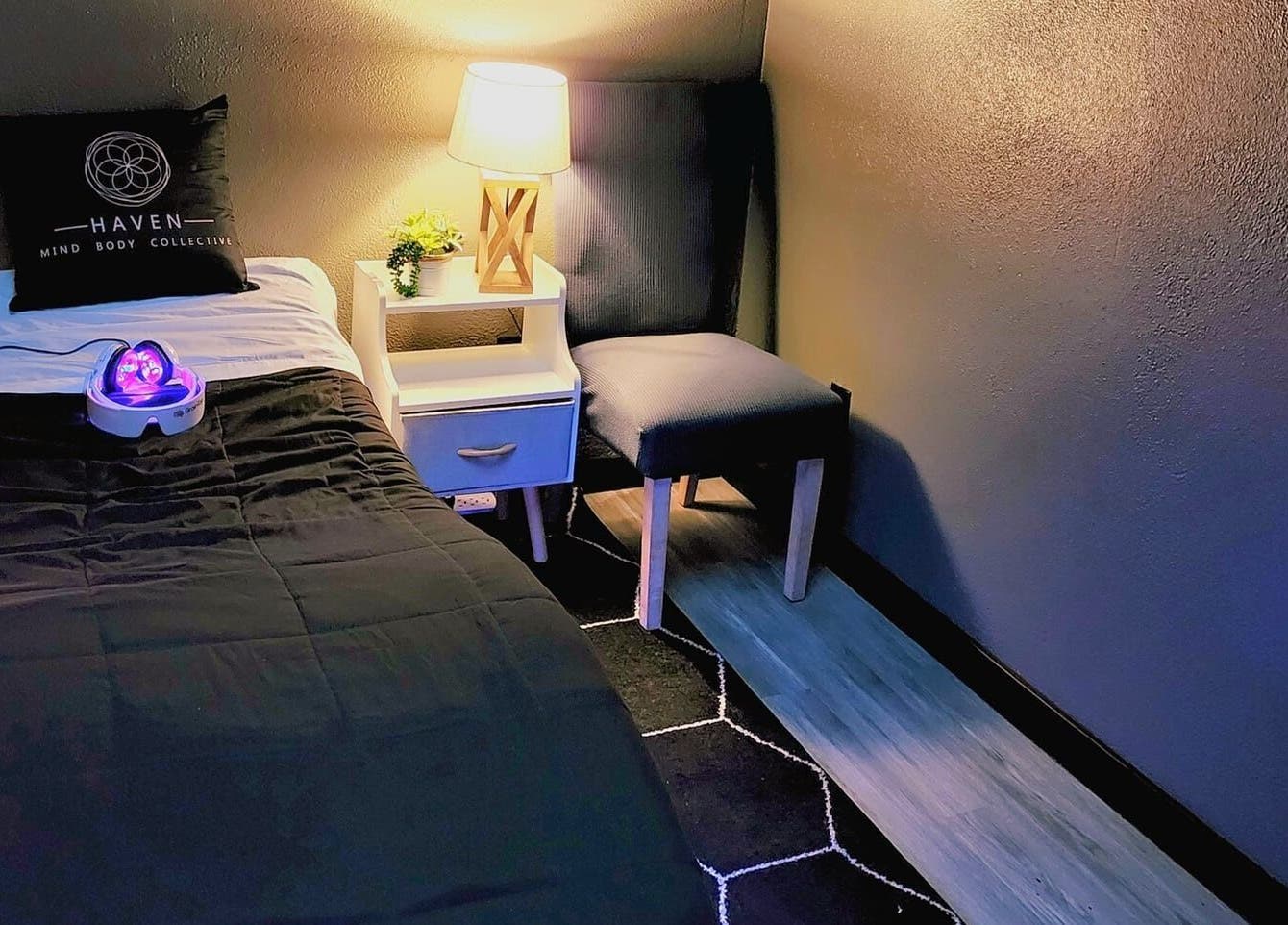 Cozy therapy room with ambient lighting at Haven Mind Body Collective & Haven Counseling, Longview, Washington, US.