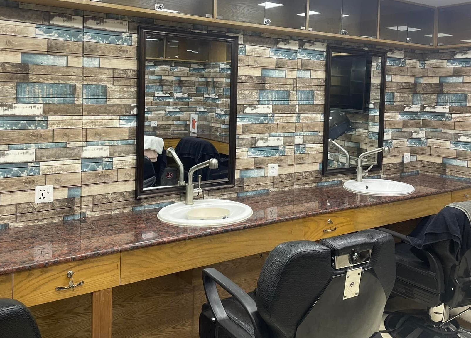 Chic salon interior with rustic wood walls and modern styling chairs at Trendy Trim, Dhaka, Dhaka Division, BD.