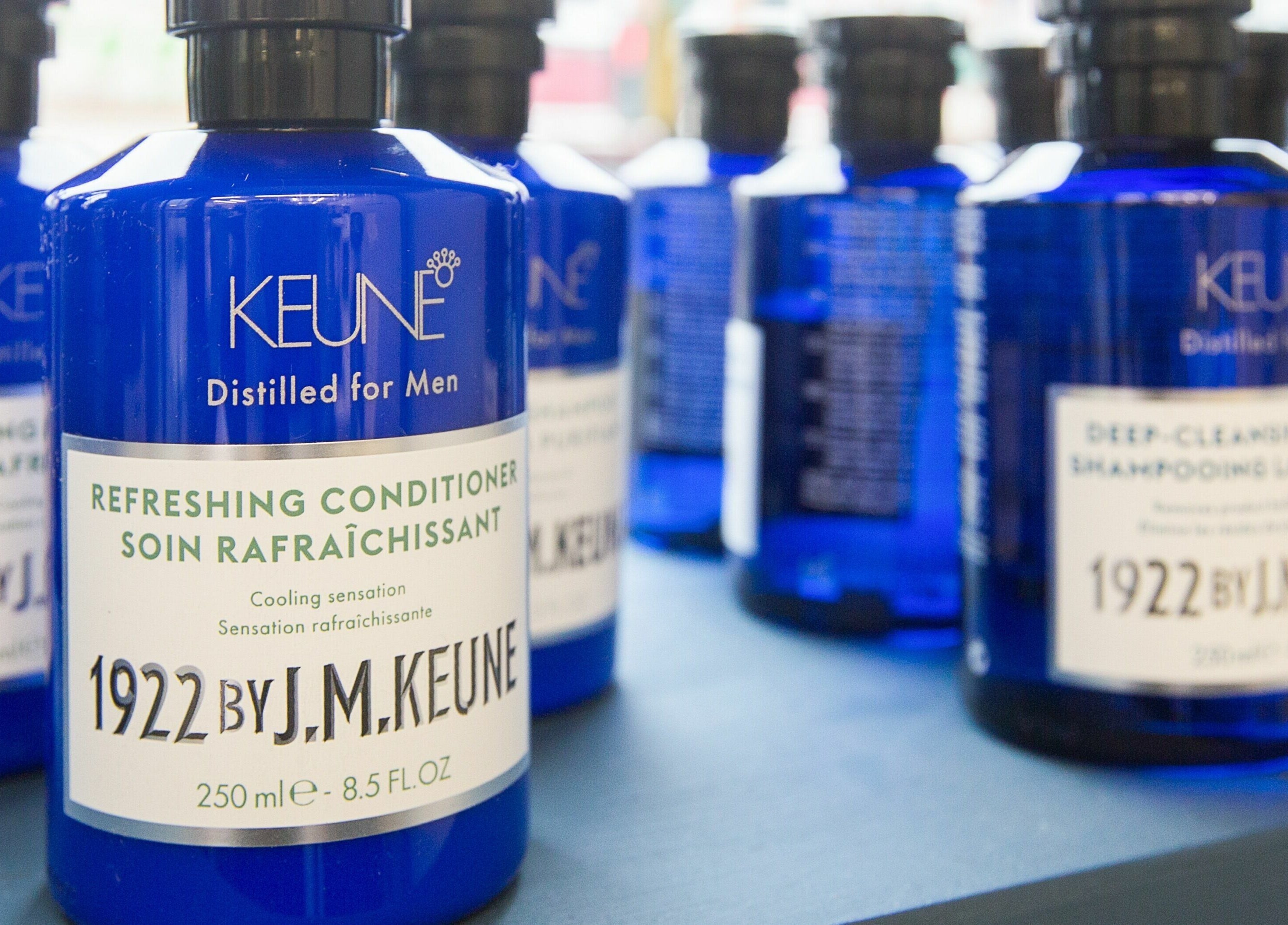 Keune hair products on display at The Wild Hare, London, England, GB, highlighting men's grooming essentials.