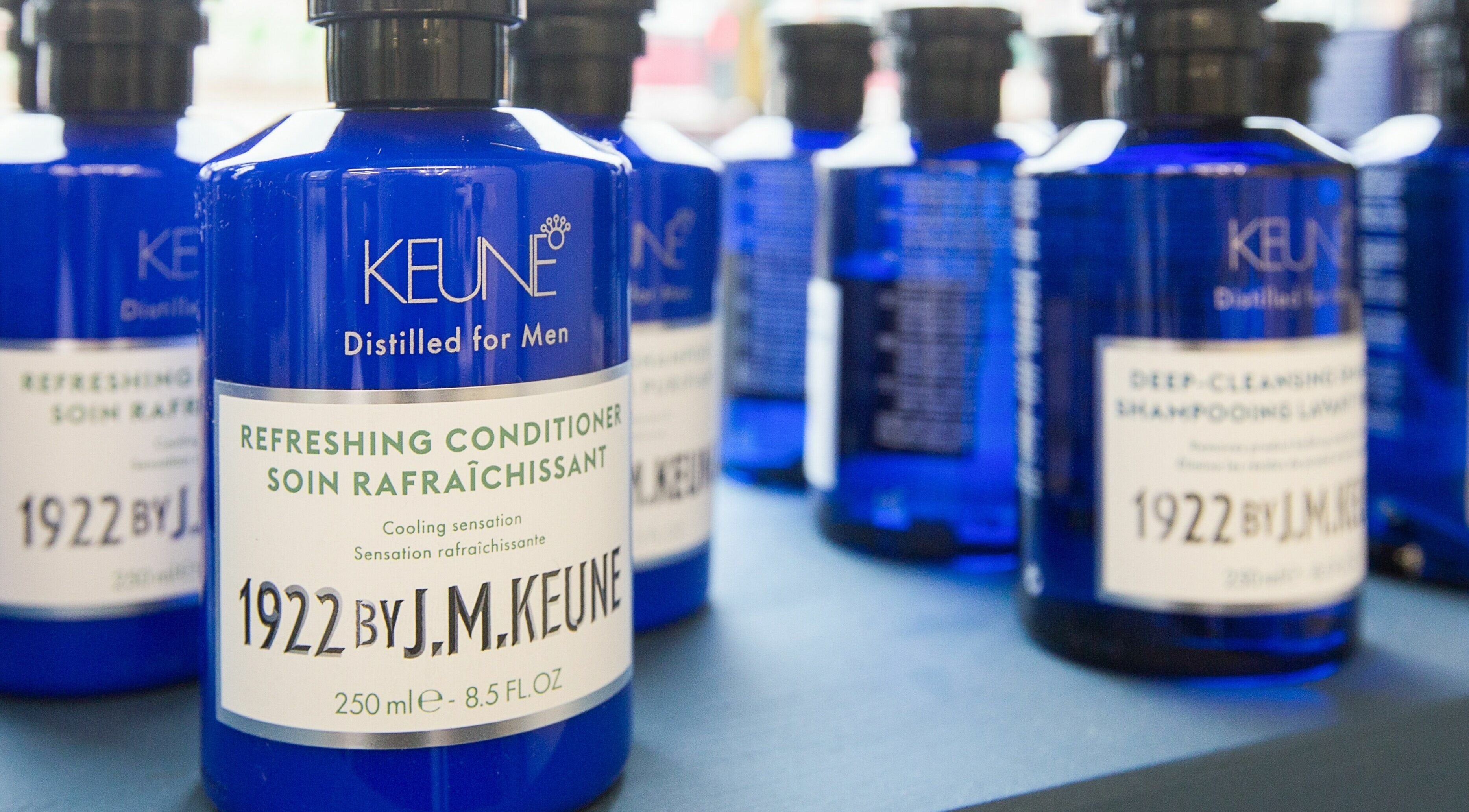Keune hair products on display at The Wild Hare, London, England, GB, highlighting men's grooming essentials.