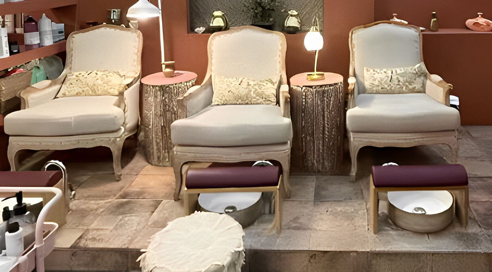 Elegant pedicure chairs at Madame Oh La Laa, Al Khobar, SA, offering a serene spa experience.