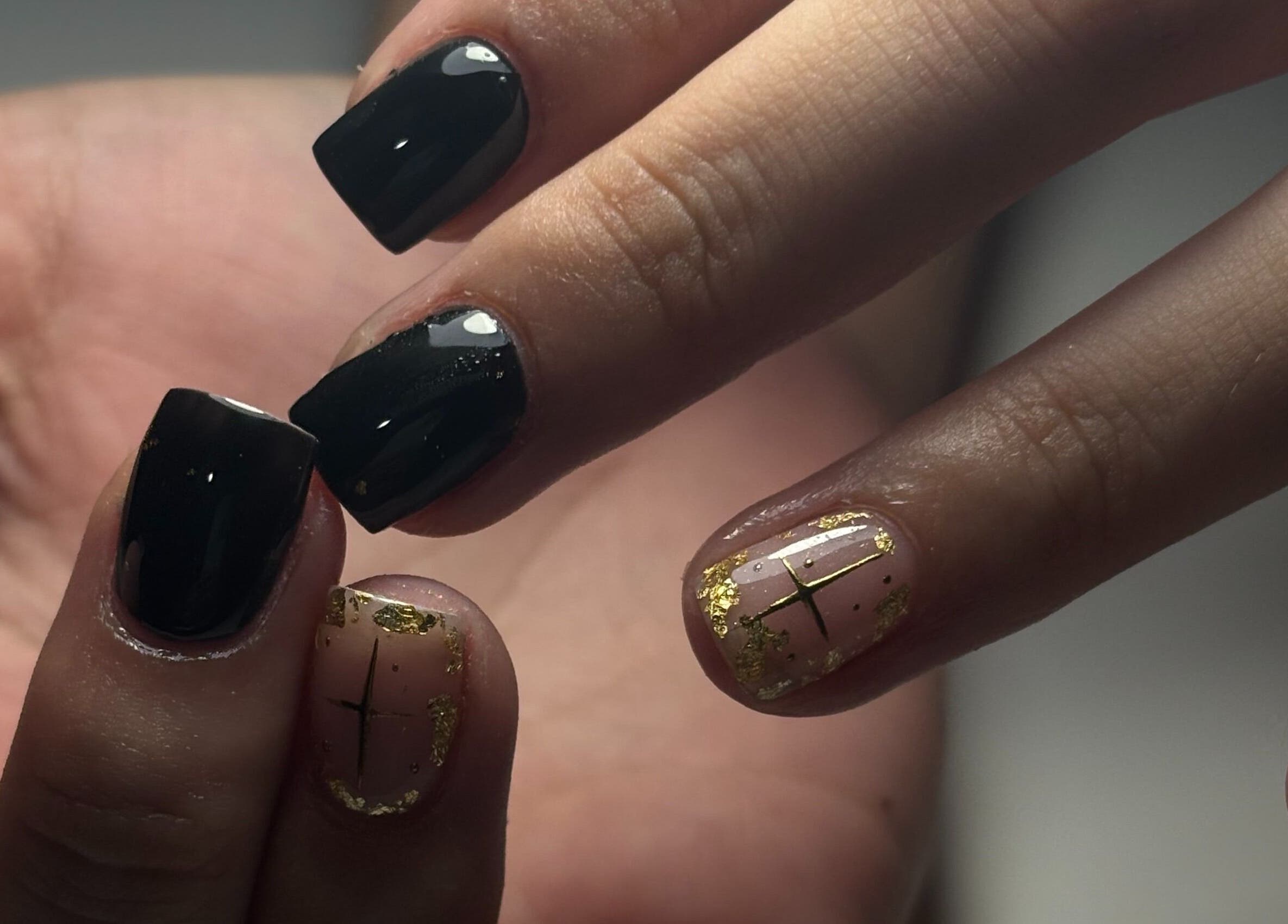 Stylish black and gold nails at Sterling Co., New Plymouth, Taranaki, NZ.