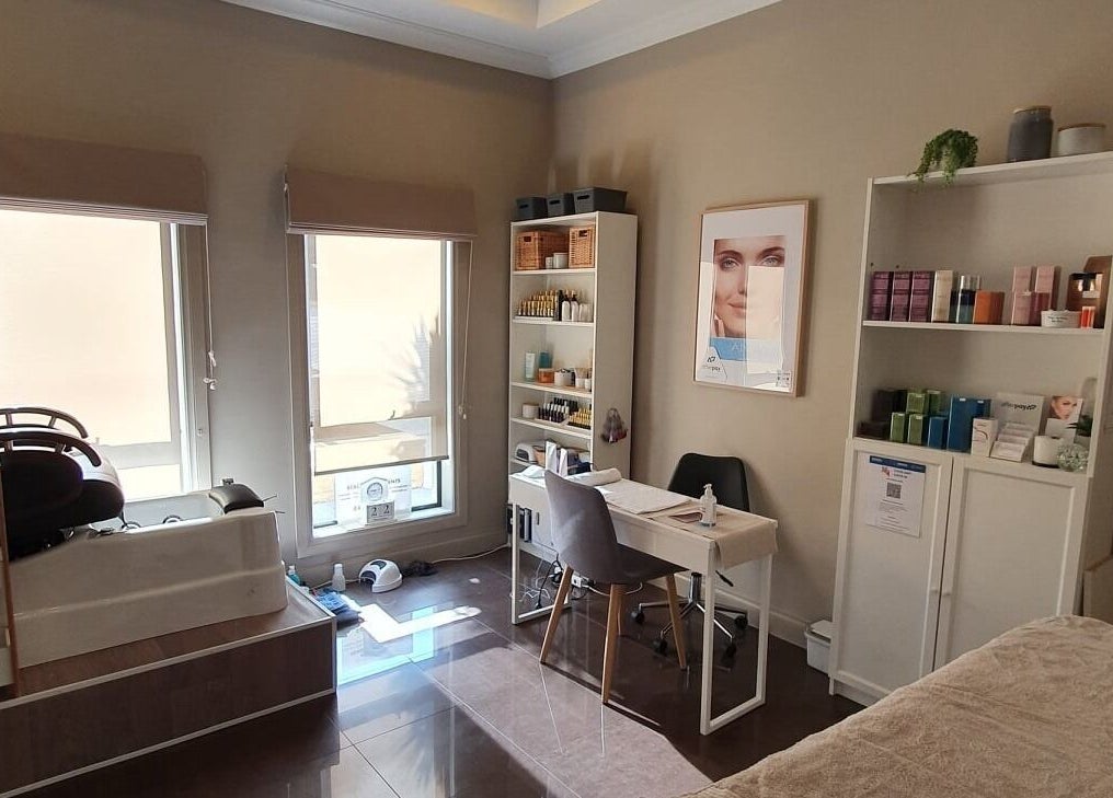 Relaxing interior of Virtue Beauty Studio in Littlehampton, South Australia with pedicure chair and beauty products.