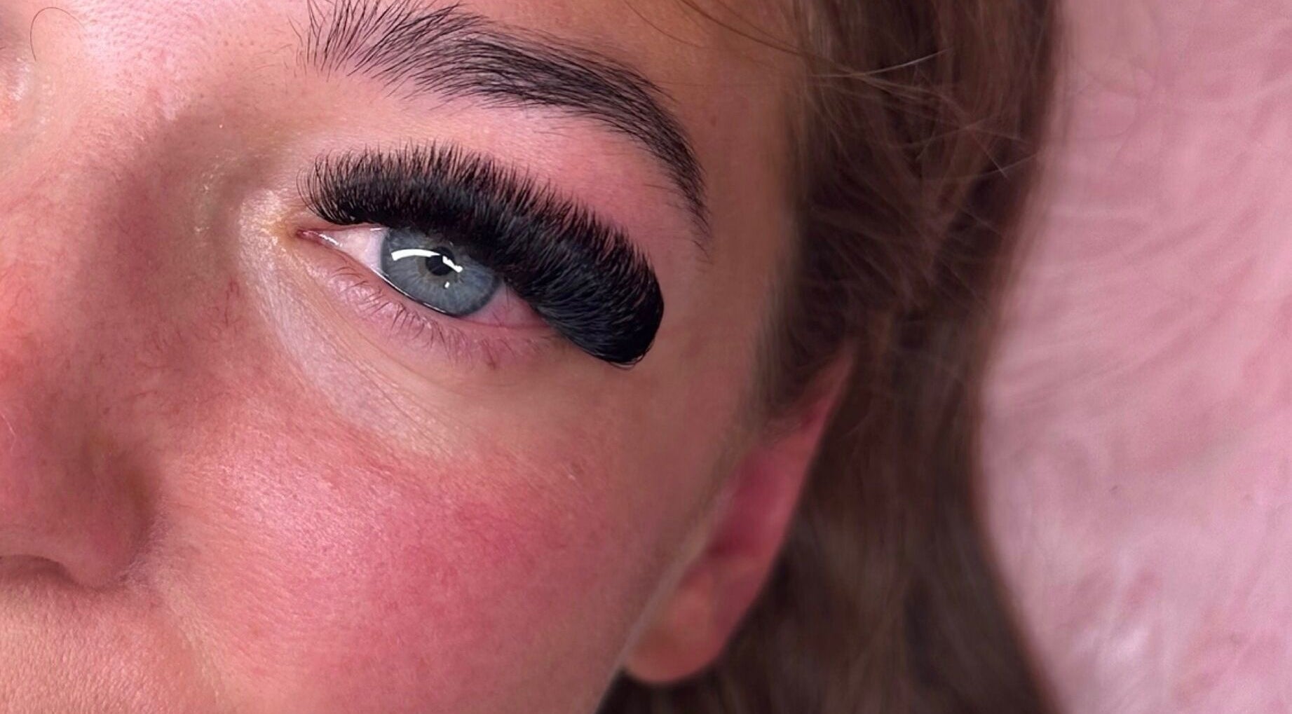 Close-up of stunning eyelash extensions at Lashes By Ells in Wellingborough, England, GB.