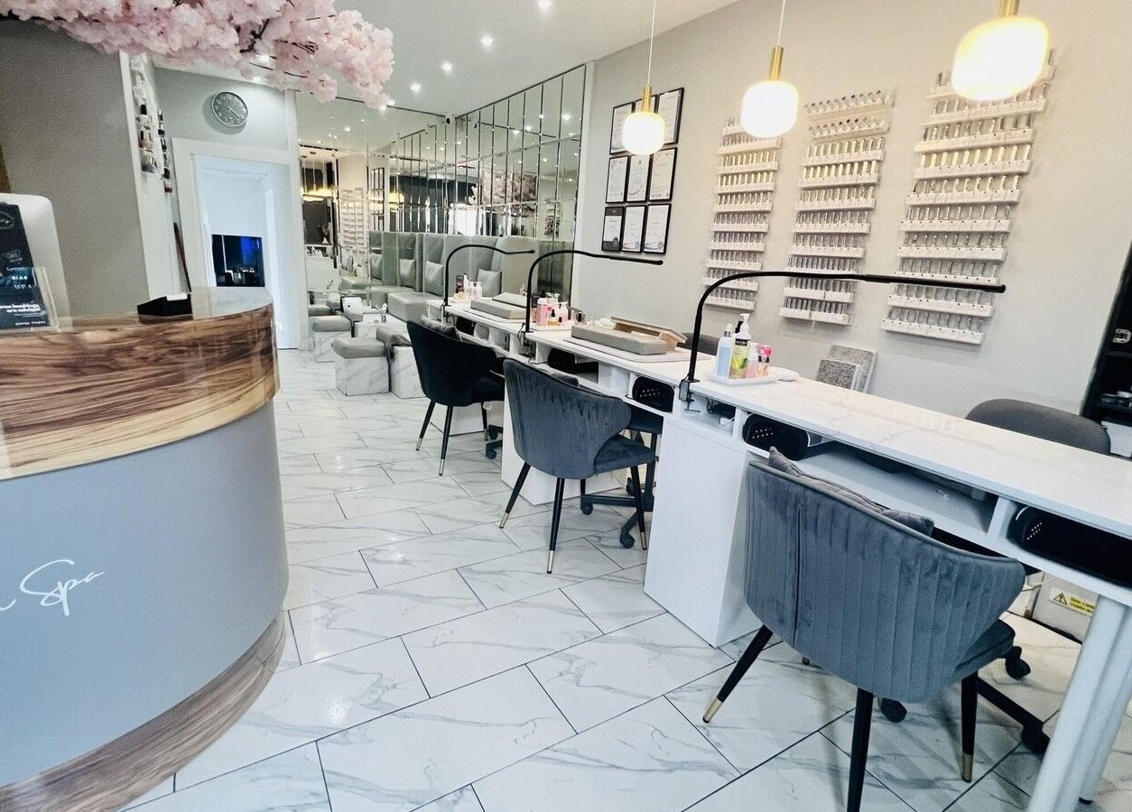 Modern Nail Spa interior with elegant seating, located in Penarth, Wales, GB.