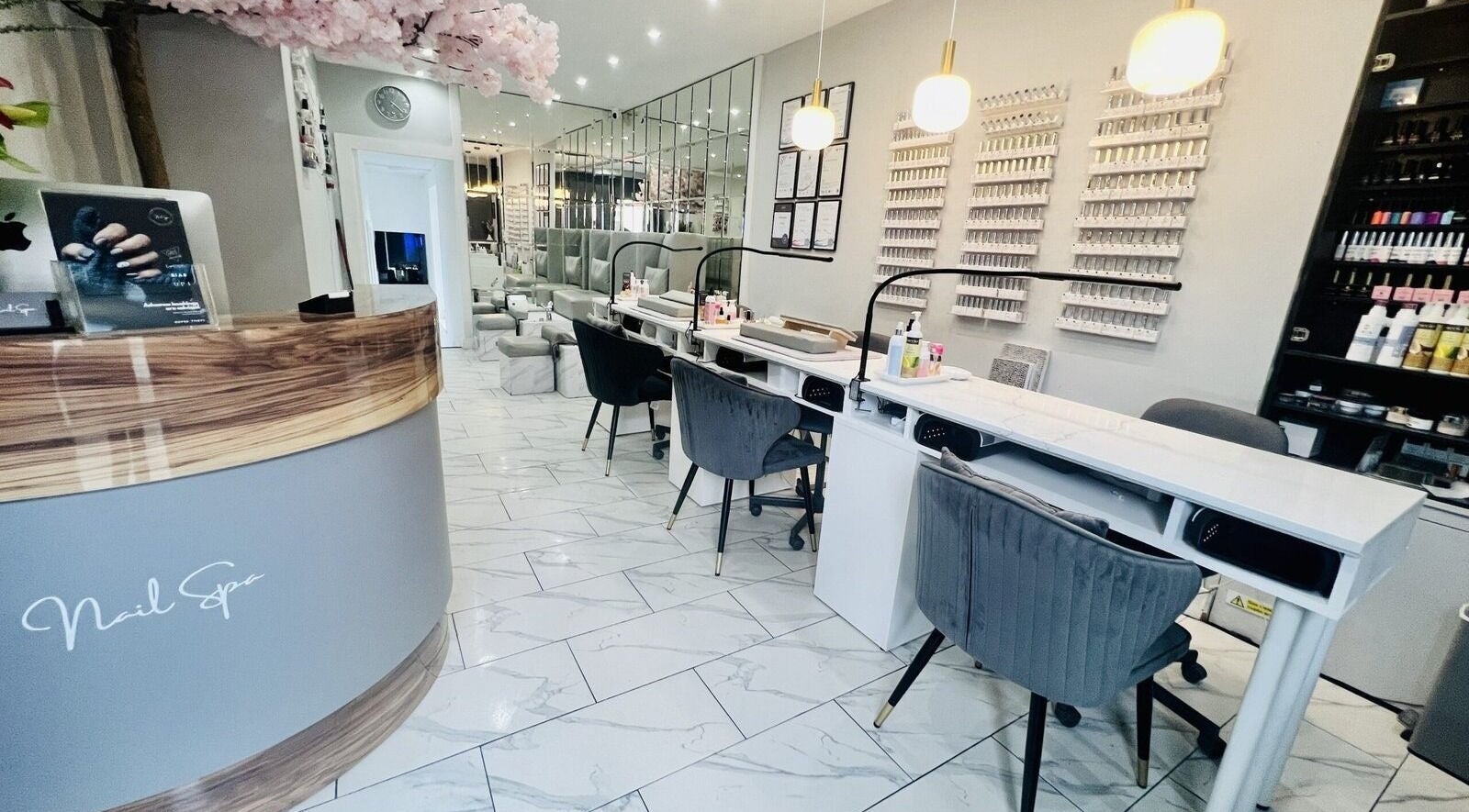 Modern Nail Spa interior with elegant seating, located in Penarth, Wales, GB.