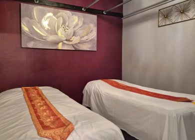Relaxing treatment room with dual massage tables at Chiang Mai Thai Spa (Thai Euphorea Spa 2), Las Vegas, Nevada, US.