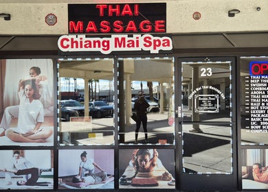 Entrance of Chiang Mai Thai Spa (Thai Euphorea Spa 2) in Las Vegas, Nevada, US with massage services advertised.
