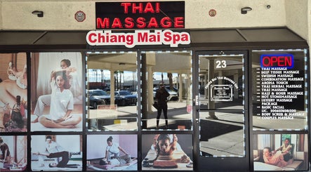 Entrance of Chiang Mai Thai Spa (Thai Euphorea Spa 2) in Las Vegas, Nevada, US with massage services advertised.