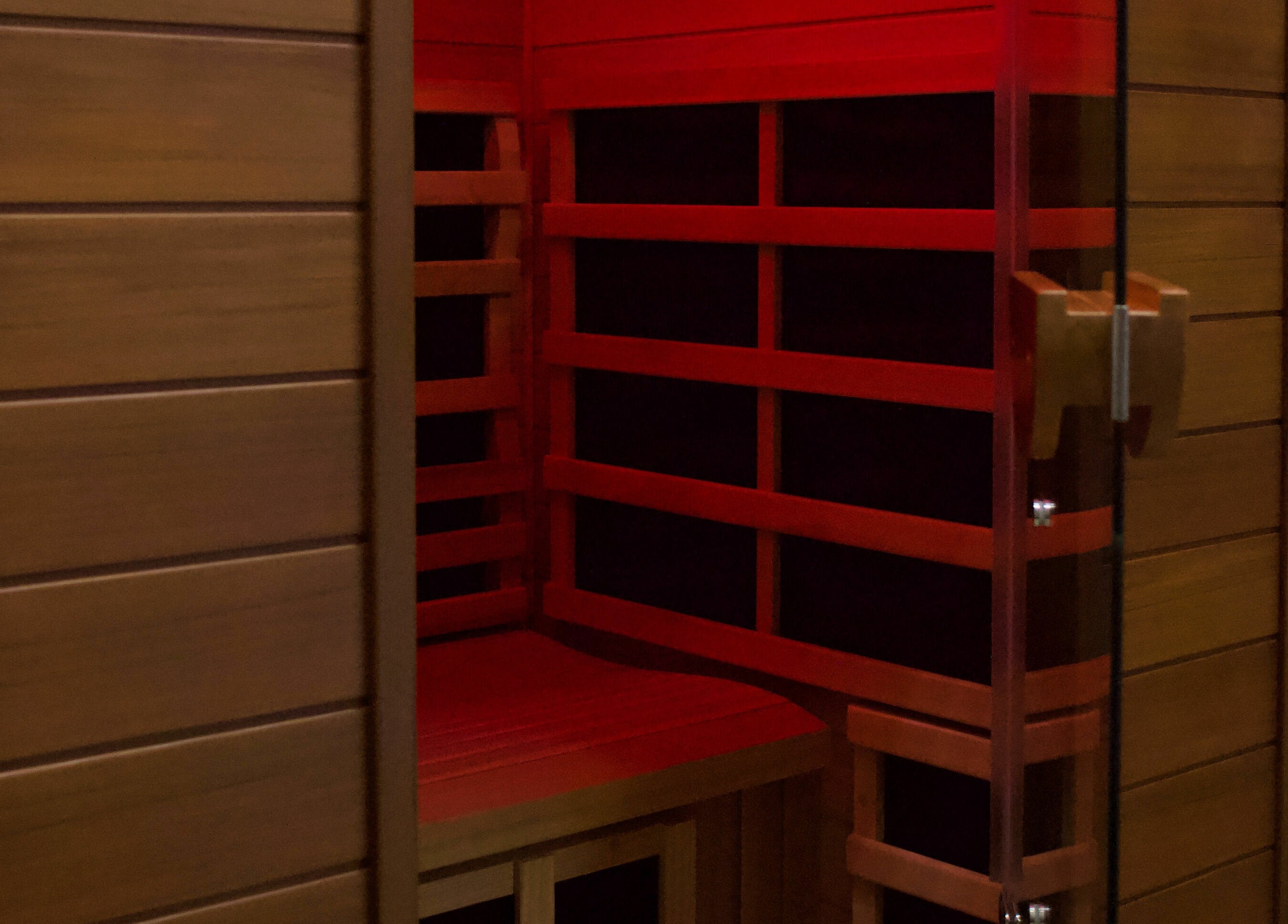 Cozy wooden sauna interior at Konza Saunas, Manhattan, Kansas, US.