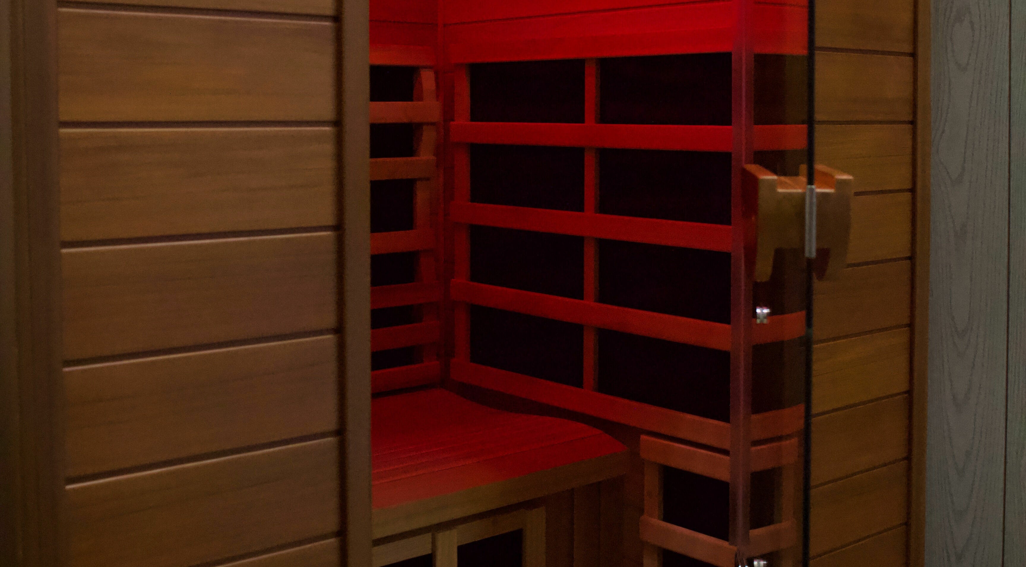 Cozy wooden sauna interior at Konza Saunas, Manhattan, Kansas, US.