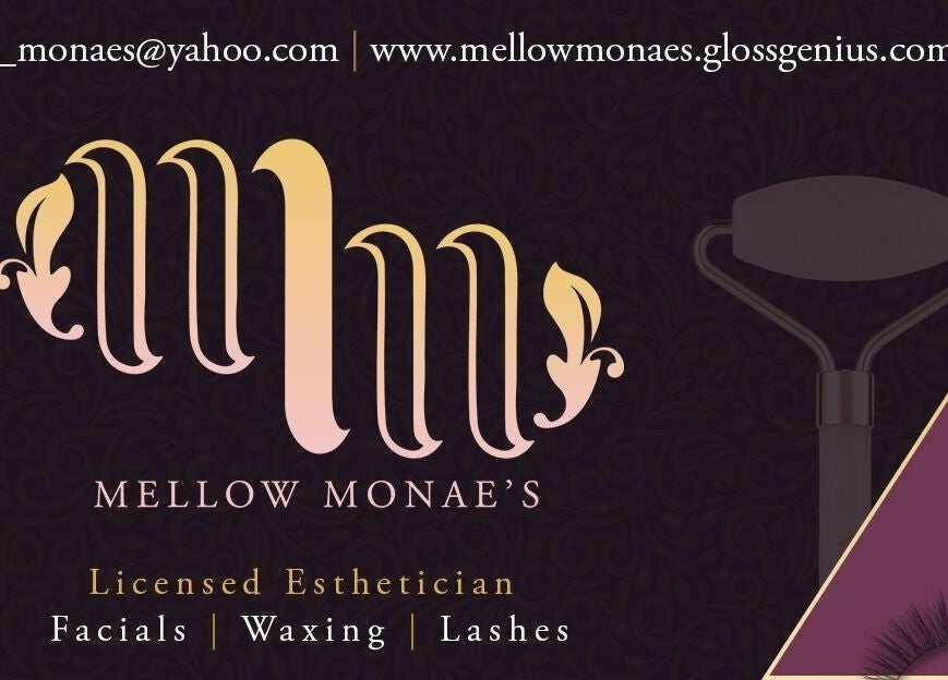 Elegant logo of Mellow Monae’s beauty and wellness in Cedar Hill, Texas, US, featuring services like facials and lashes.