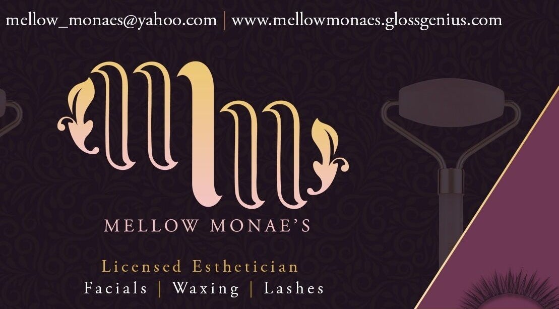 Elegant logo of Mellow Monae’s beauty and wellness in Cedar Hill, Texas, US, featuring services like facials and lashes.