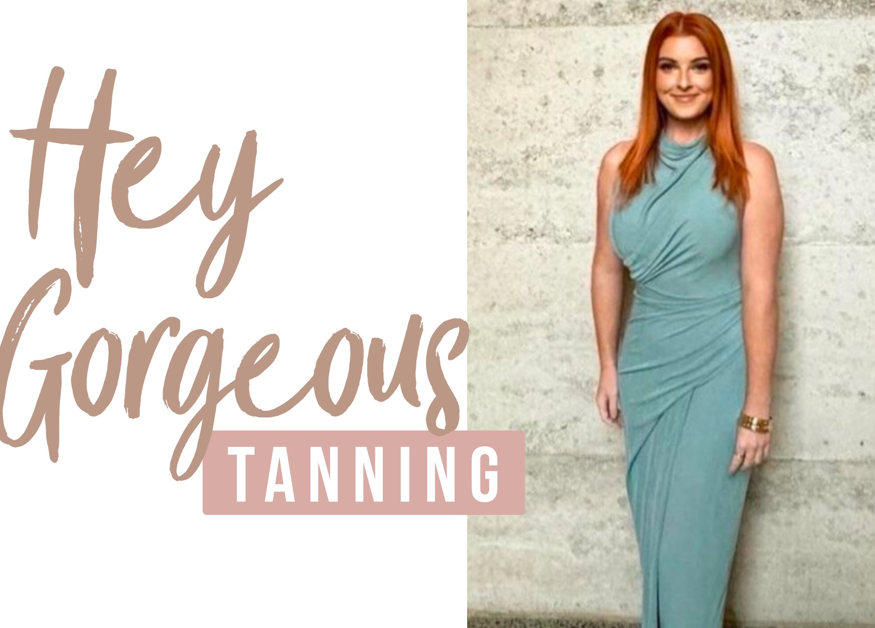 Woman in teal dress at Hey Gorgeous Spray Tanning, Wattle Grove, Western Australia. Salon logo visible.