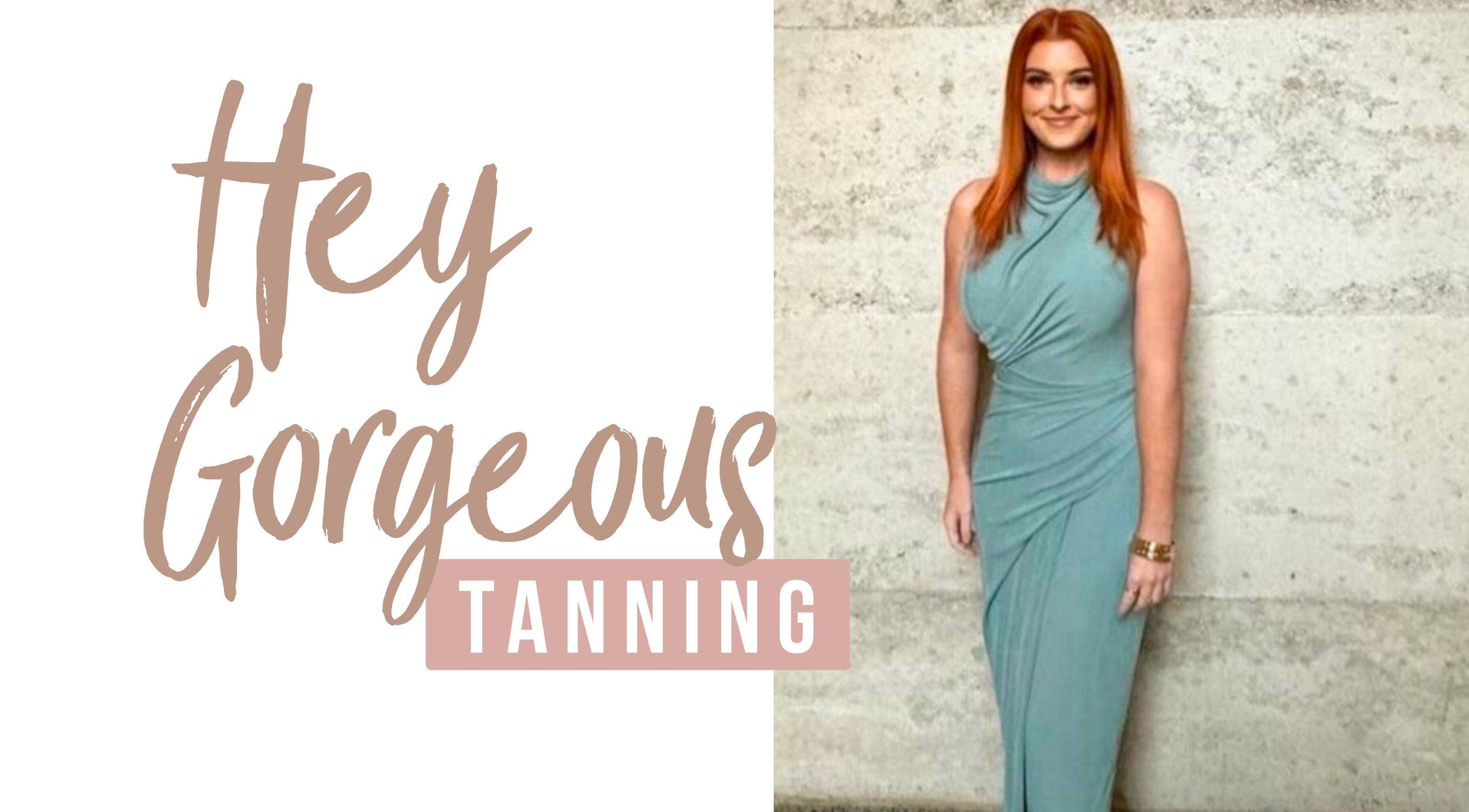 Woman in teal dress at Hey Gorgeous Spray Tanning, Wattle Grove, Western Australia. Salon logo visible.