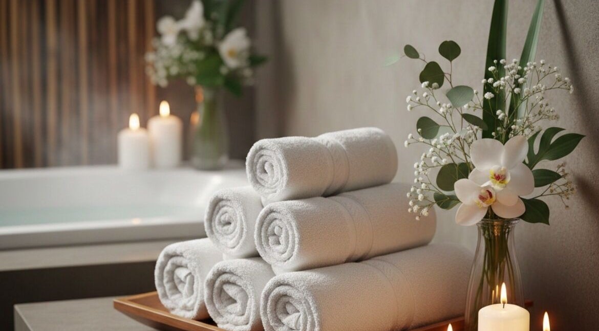 Luxurious spa setting at Calm & Healing Bodywork by Lynn, Melbourne, Victoria, AU, featuring rolled towels and candles.