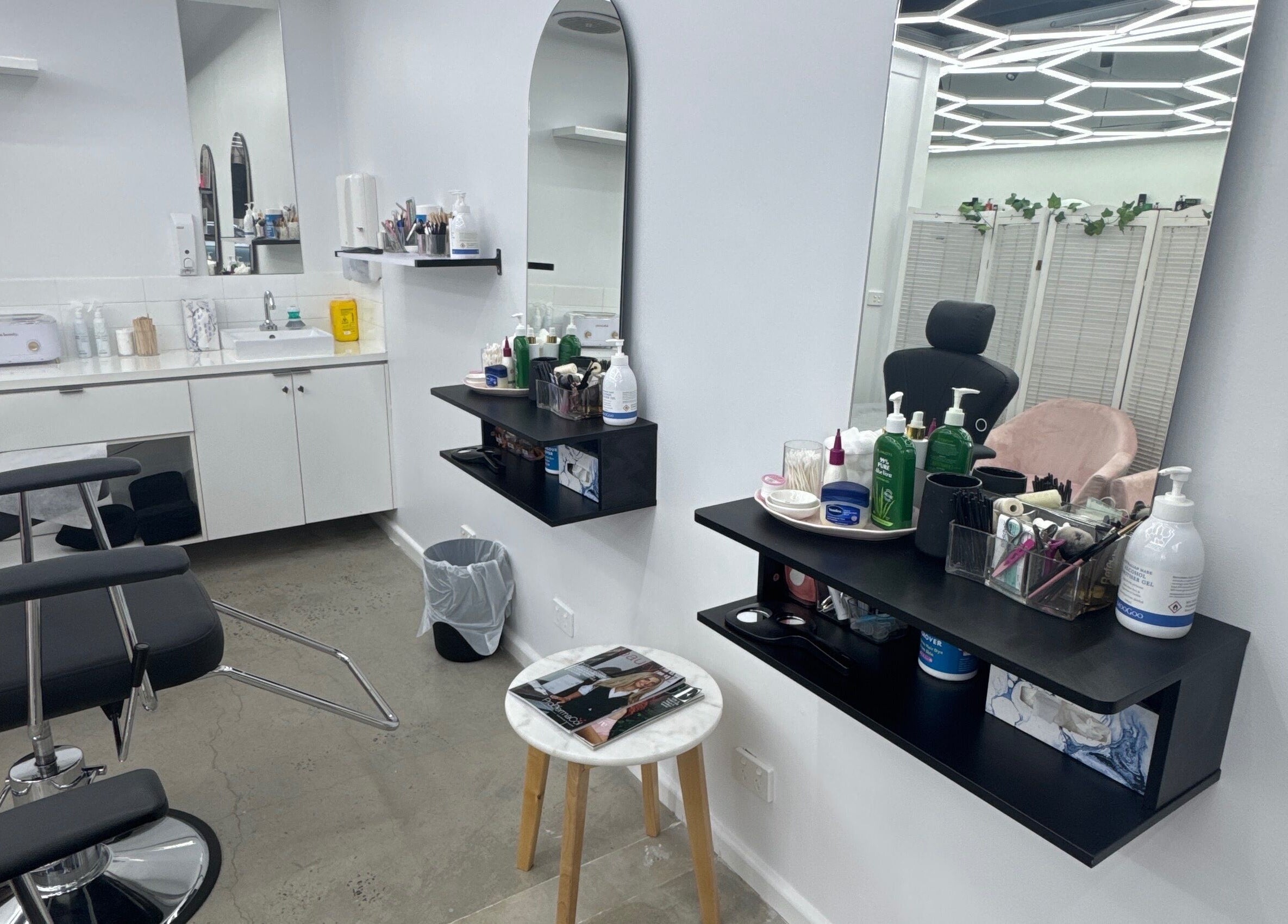 Modern brow treatment room at Brows by Sonia in Melbourne, Victoria, AU showcasing sleek design and beauty products.