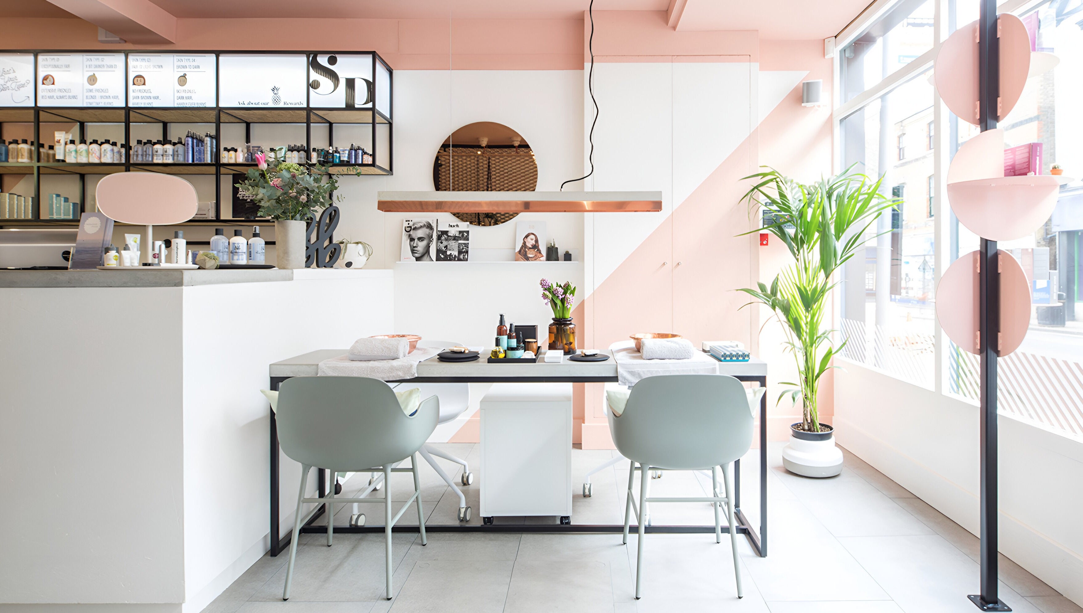 Modern interior of Solarium Point in Ramsgate, England, GB with stylish decor and beauty products.