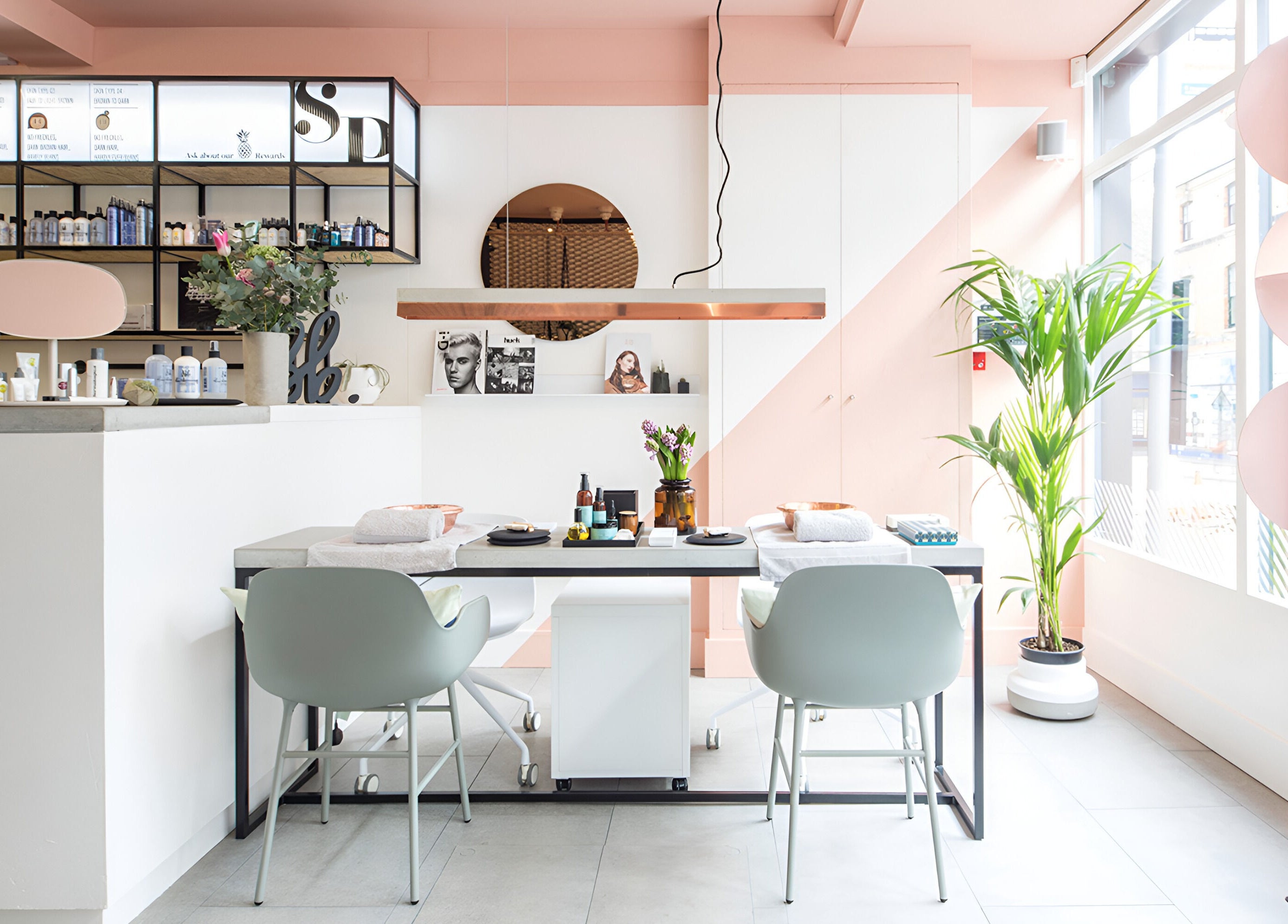 Modern interior of Solarium Point in Ramsgate, England, GB with stylish decor and beauty products.