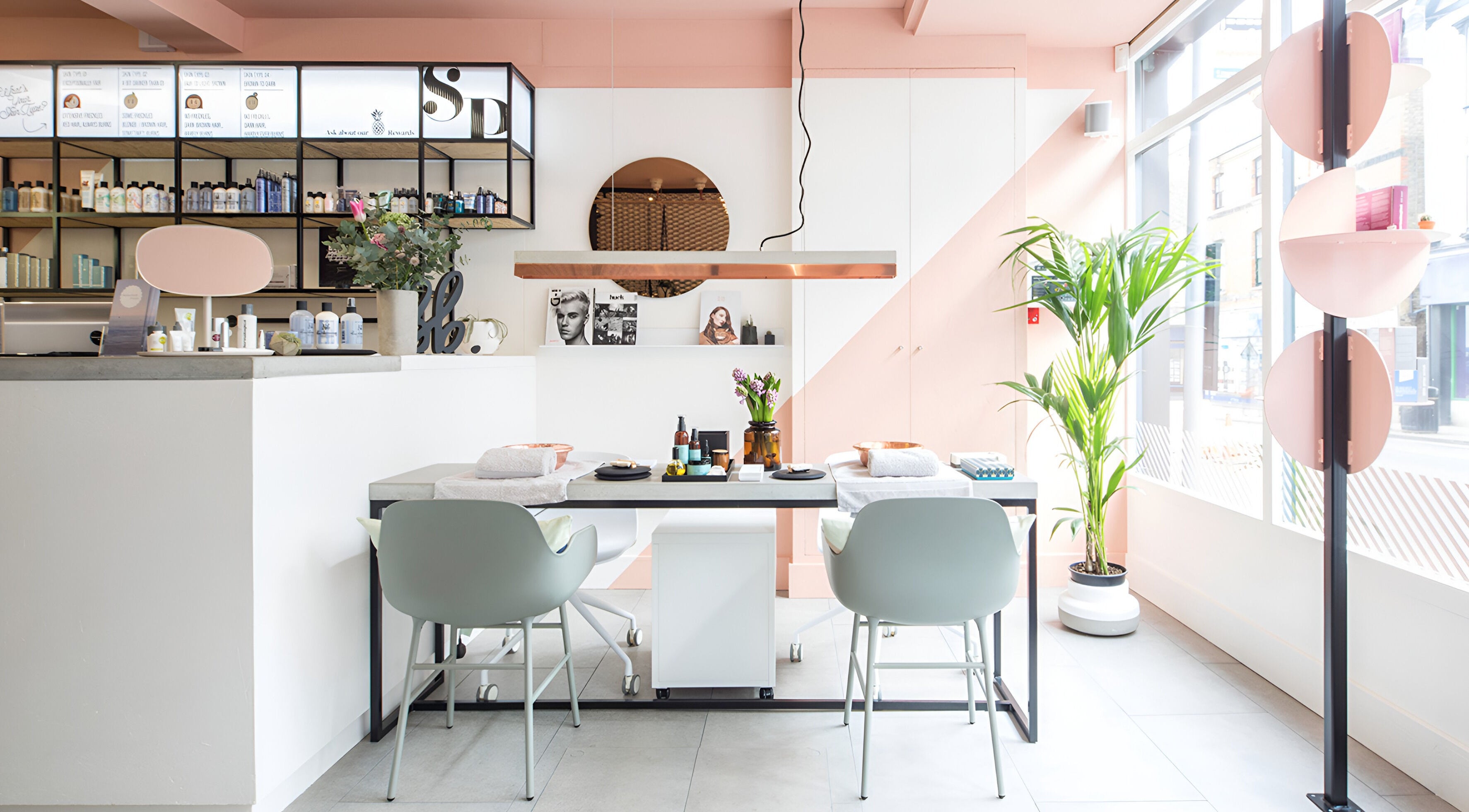 Modern interior of Solarium Point in Ramsgate, England, GB with stylish decor and beauty products.