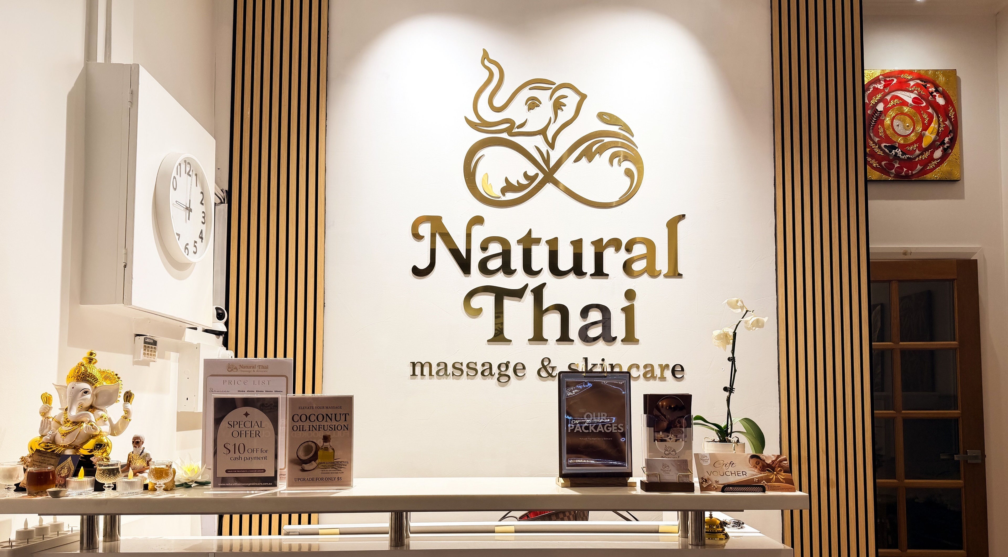 Reception area at Natural Thai Massage & Skincare, Melbourne, Victoria, AU with decorative elements.