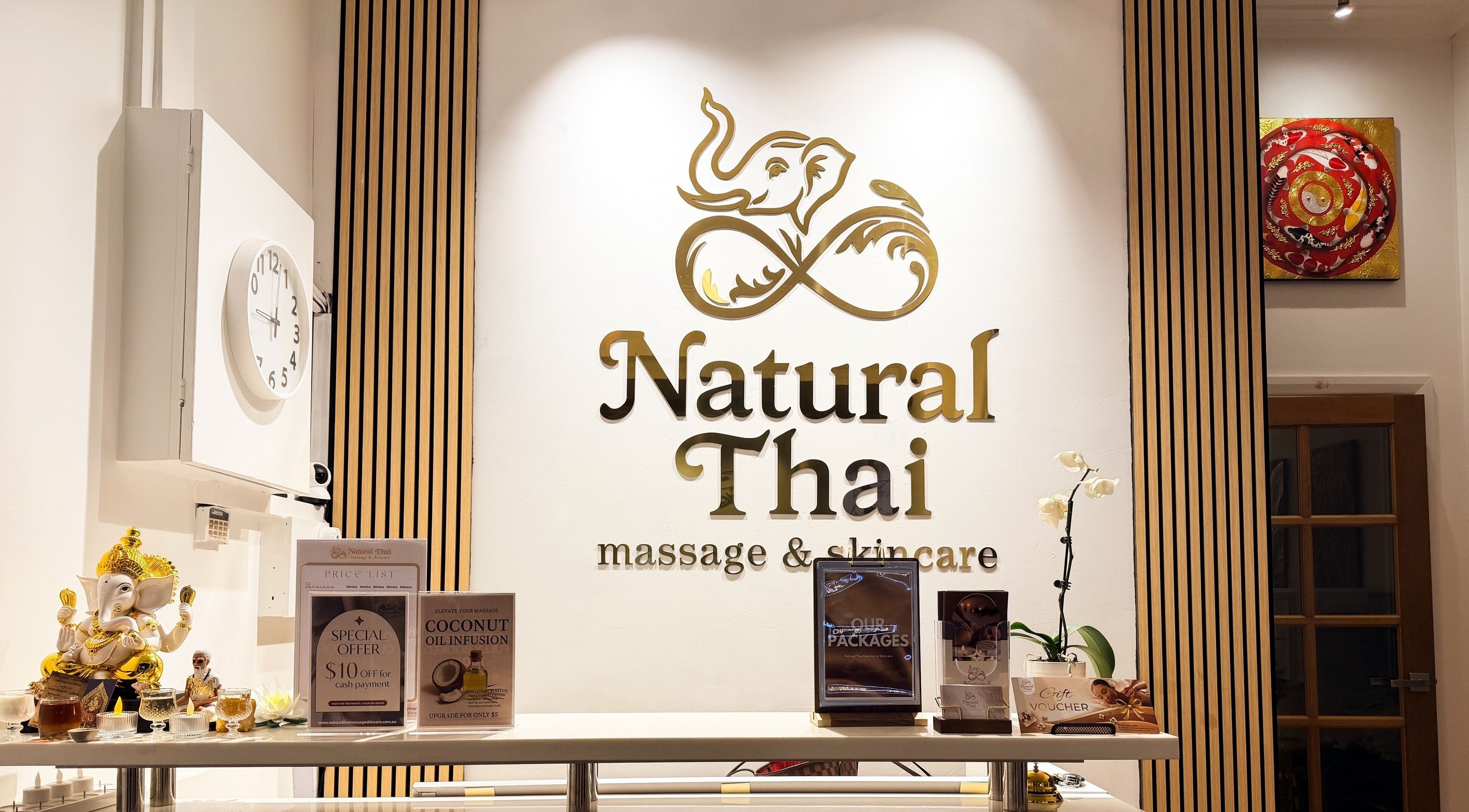 Reception area of Natural Thai Massage & Skincare, Melbourne, Victoria, AU, featuring elegant decor.