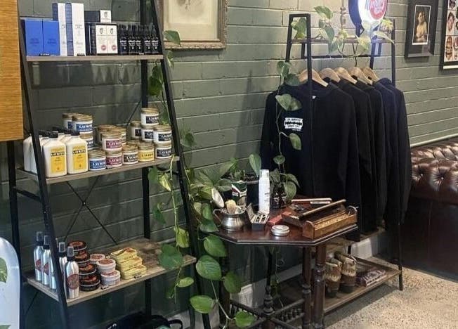 Stylish display of grooming products at St Martins Barber Shop in Diamond Creek, Victoria, AU.