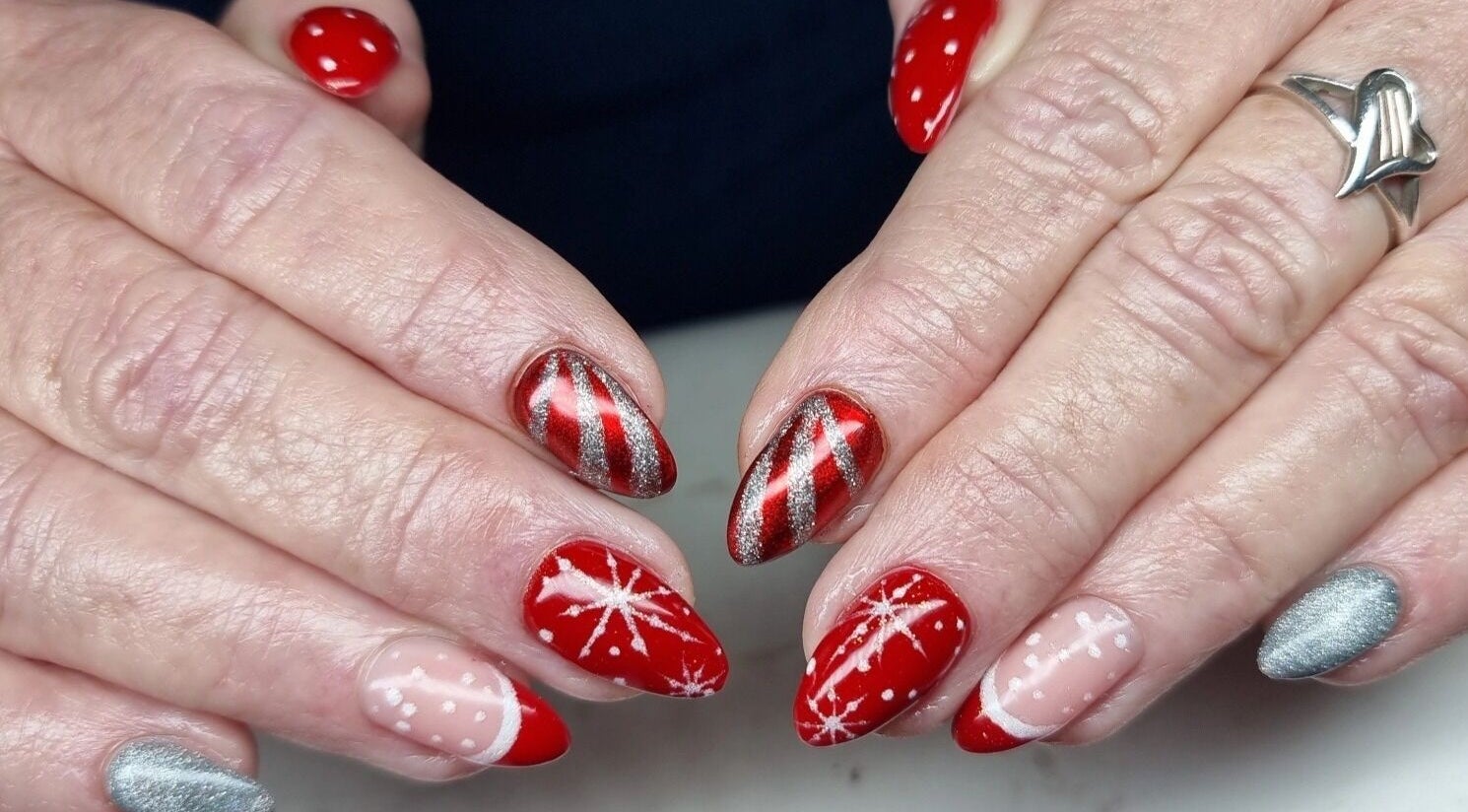 Elegant festive nail art at Serenity Nails By Marni, Monmouth, Wales, GB.