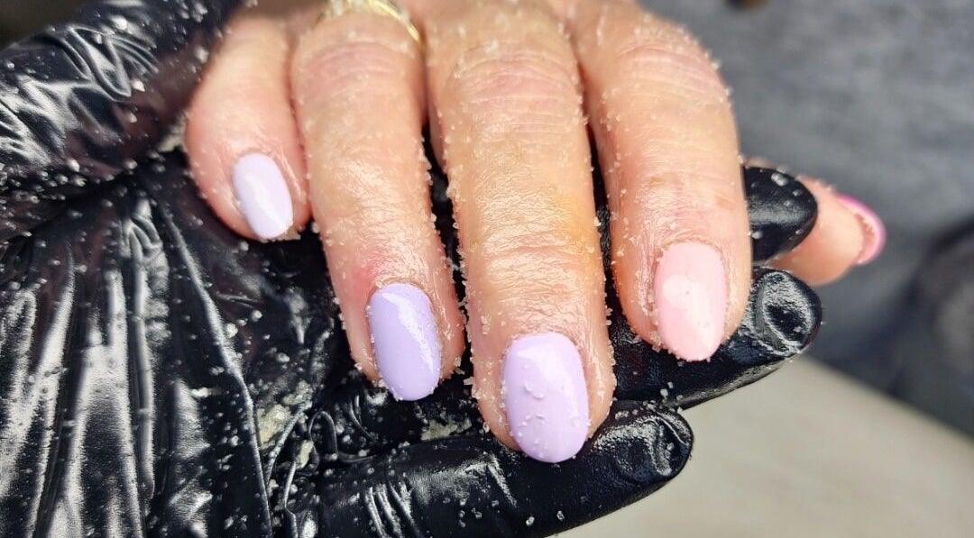 Close-up of pastel polished nails at Serenity Nails By Marni, Monmouth, Wales, GB. Expert care and artistry.