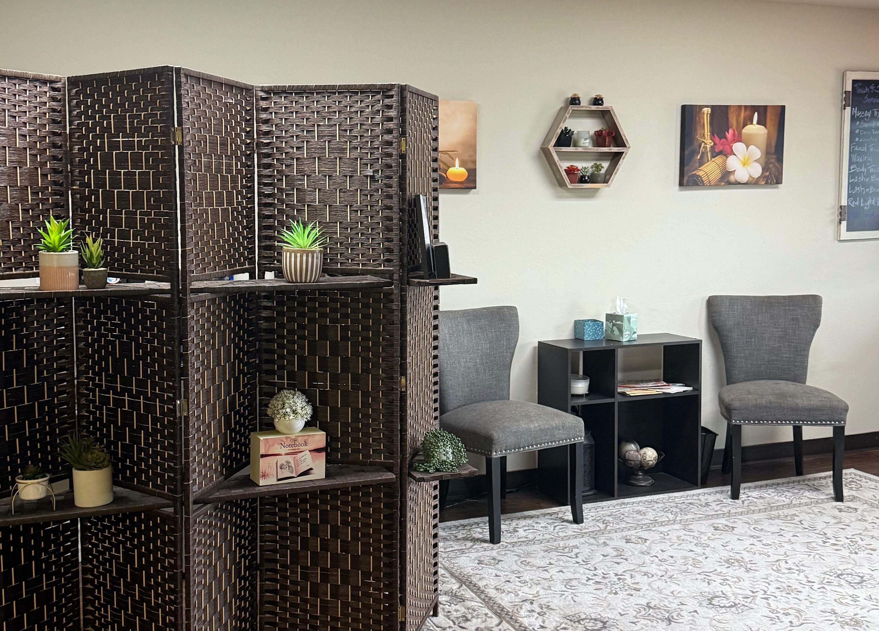 Cozy waiting area with elegant chairs and decor at Touch of Serenity Wellness Spa, Moore, Oklahoma, US.