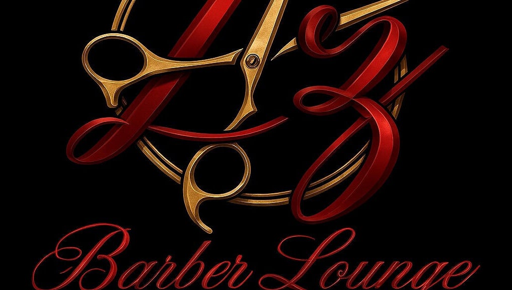 Z’z Barber Lounge logo featuring stylish red and gold scissors design, located in Logan, Utah, US.