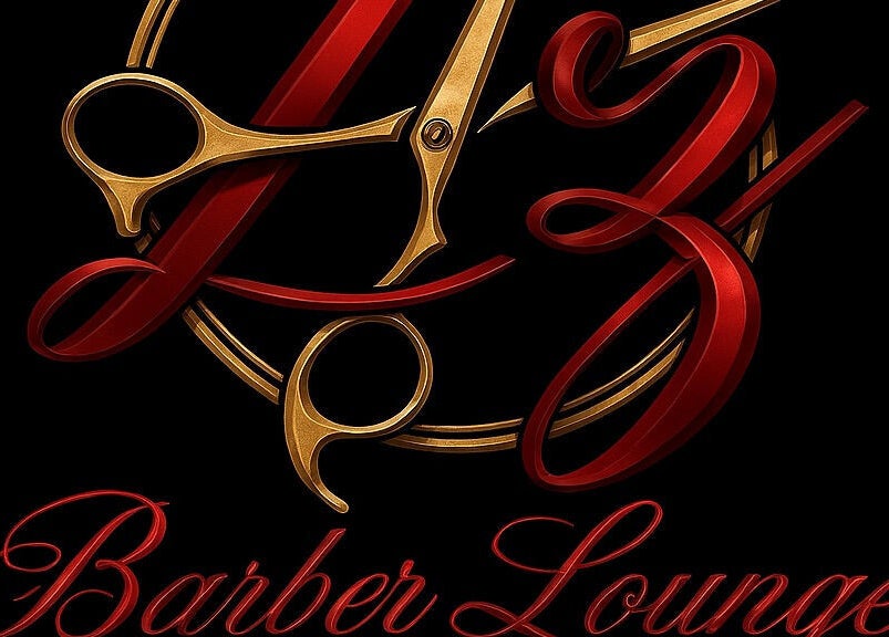Z’z Barber Lounge logo featuring stylish red and gold scissors design, located in Logan, Utah, US.