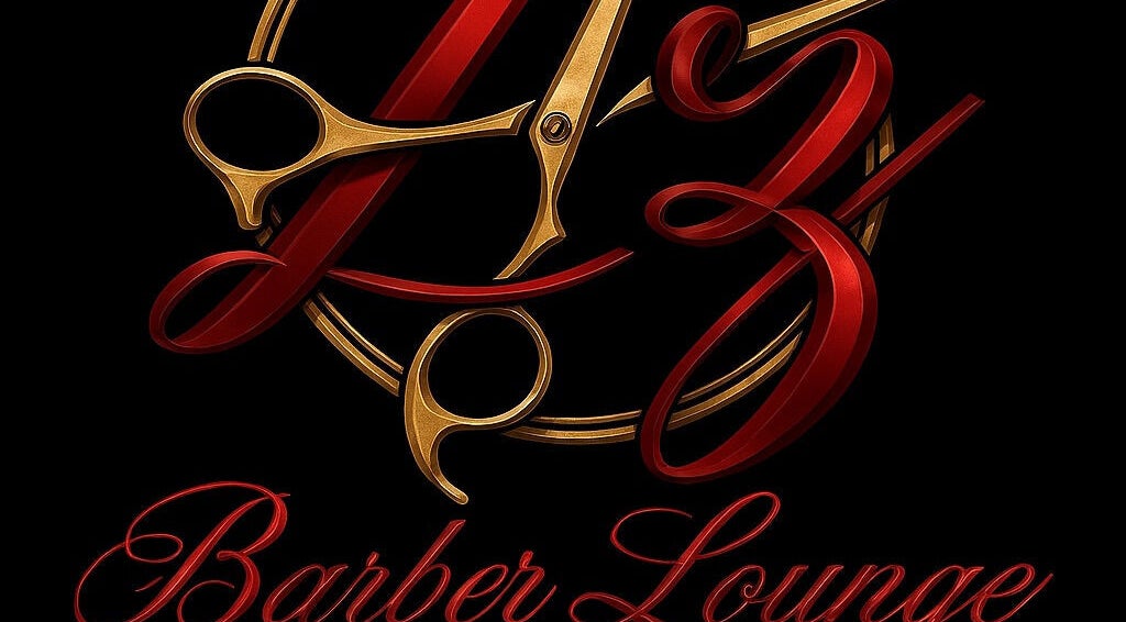 Z’z Barber Lounge logo featuring stylish red and gold scissors design, located in Logan, Utah, US.