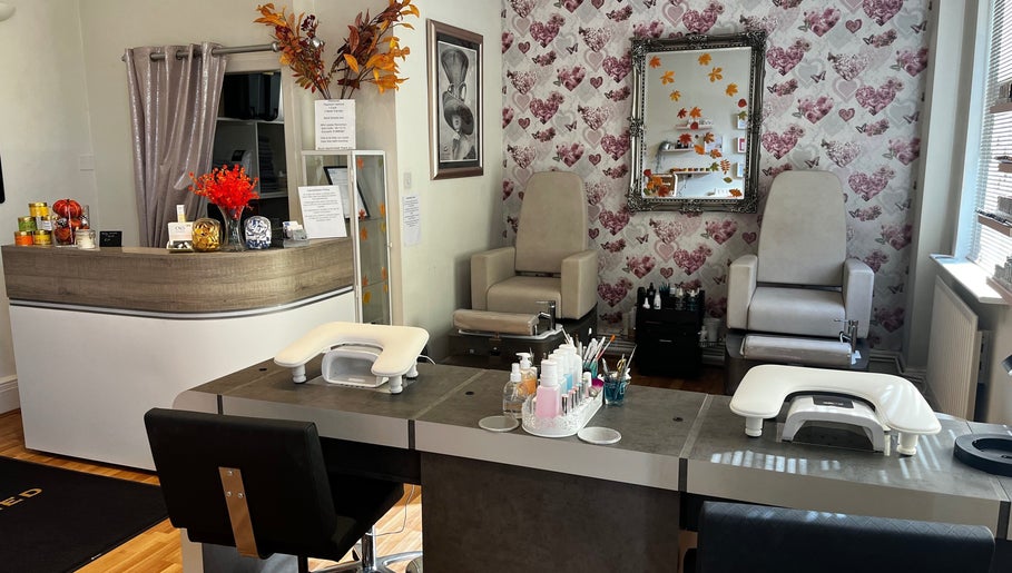 Totally Polished Beauty & Nails in Drighlington, England, GB: Cozy nail salon interior with stylish decor.